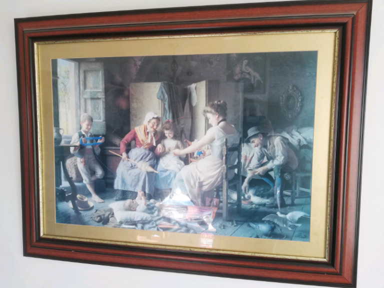 Framed Picture G.B. Torriglia "A Happy Family Knitting" Print