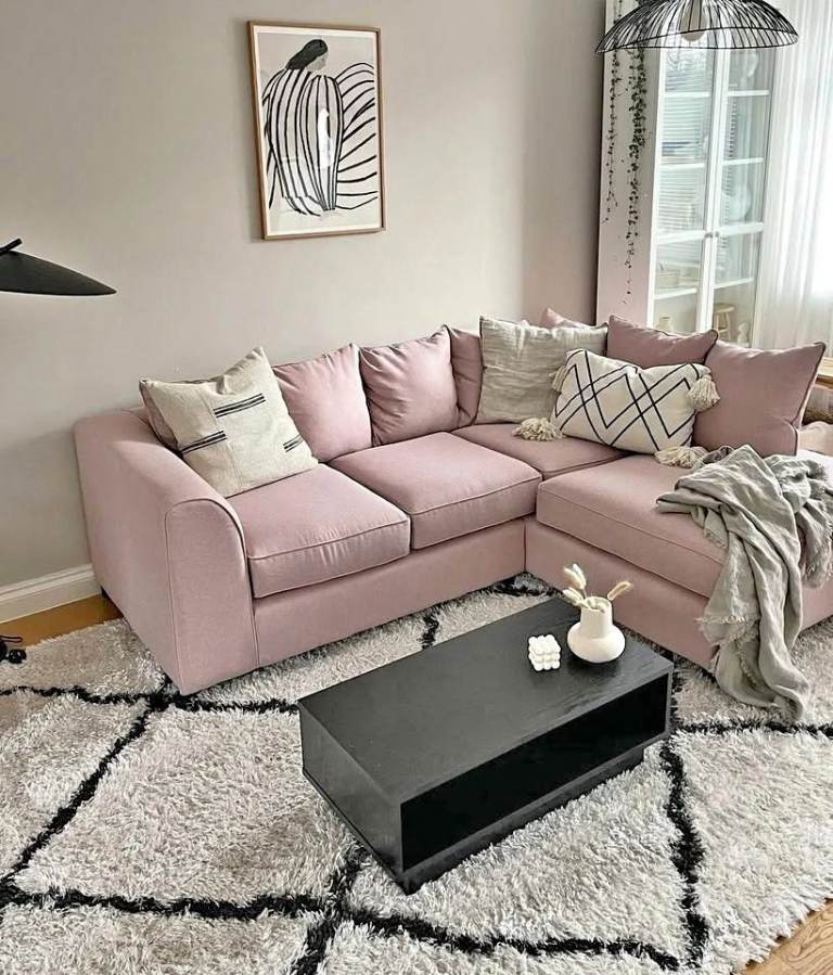 Blush Pink L-Shaped Corner Sofa – Excellent Condition