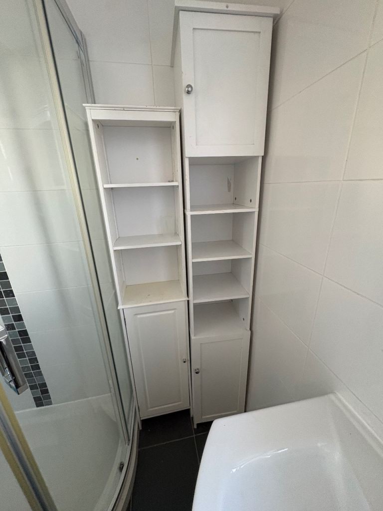 White Bathroom Storage Cabinets with Shelves – Good Condition