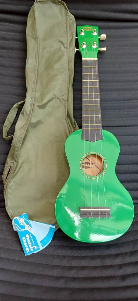 Kahana Child Beginner Ukulele Green Wood 4 String With Carry Bag and Chord deck
