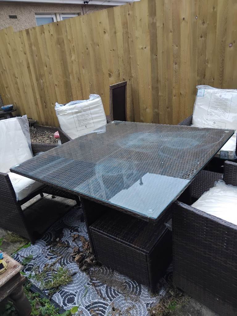 Rattan Garden Dining Set with Glass Table and Chairs