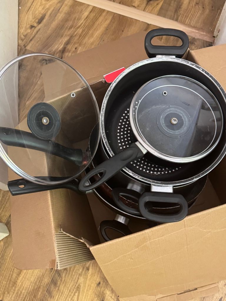 Black Metal Pots & Pans Set with Glass Lids – Good Condition