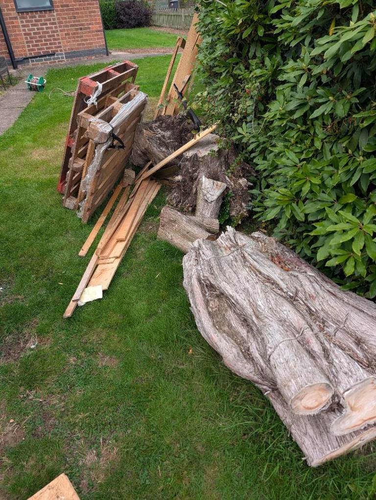 Used Wooden Pallets and Tree Trunk Sections