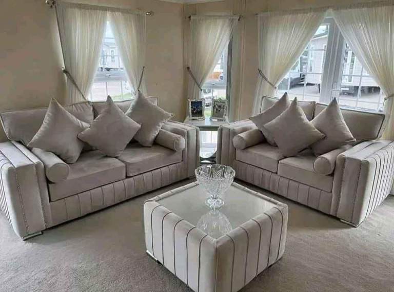 Pair of NEW Beige Velvet Sofas – 2-Seater and 3-Seater Set