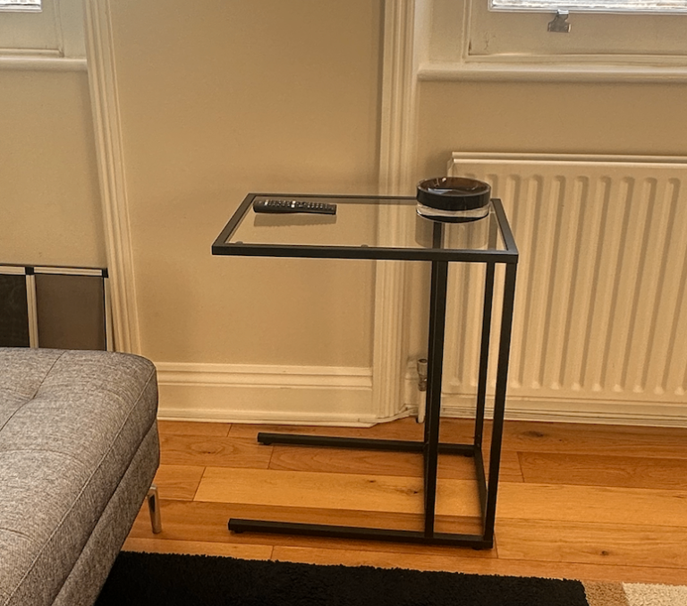 Modern Side Table / Laptop Table – Glass Top, Black Metal Frame