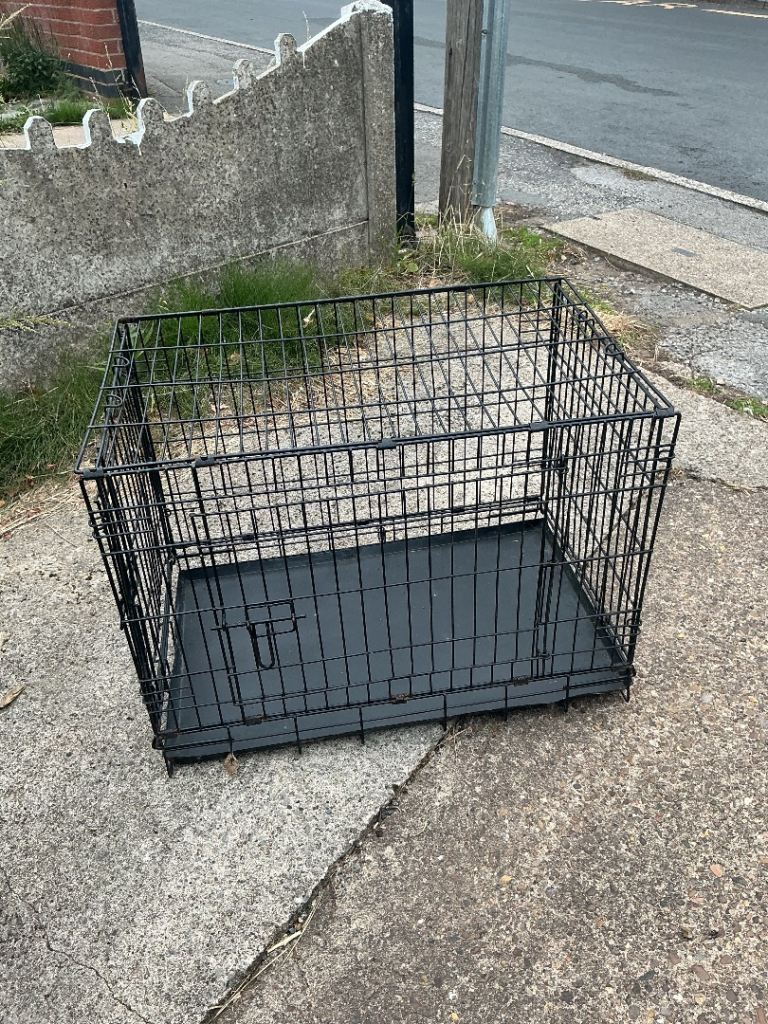 Black metal dog crate with metal tray, folds flat for storage