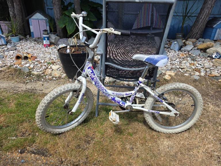 White Kids Bike with Blue/Purple Swirl Pattern, Fair Condition