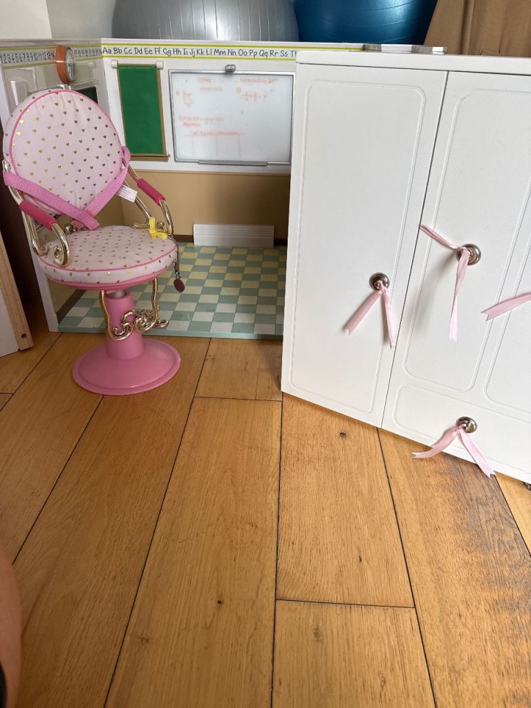 Our Generation schoolhouse with no accessories white wardrobe and hairdressers chair