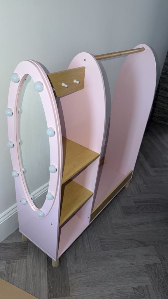 Kids Pink Dressing Up Rail with Mirror and Shelves, lights up around mirror 