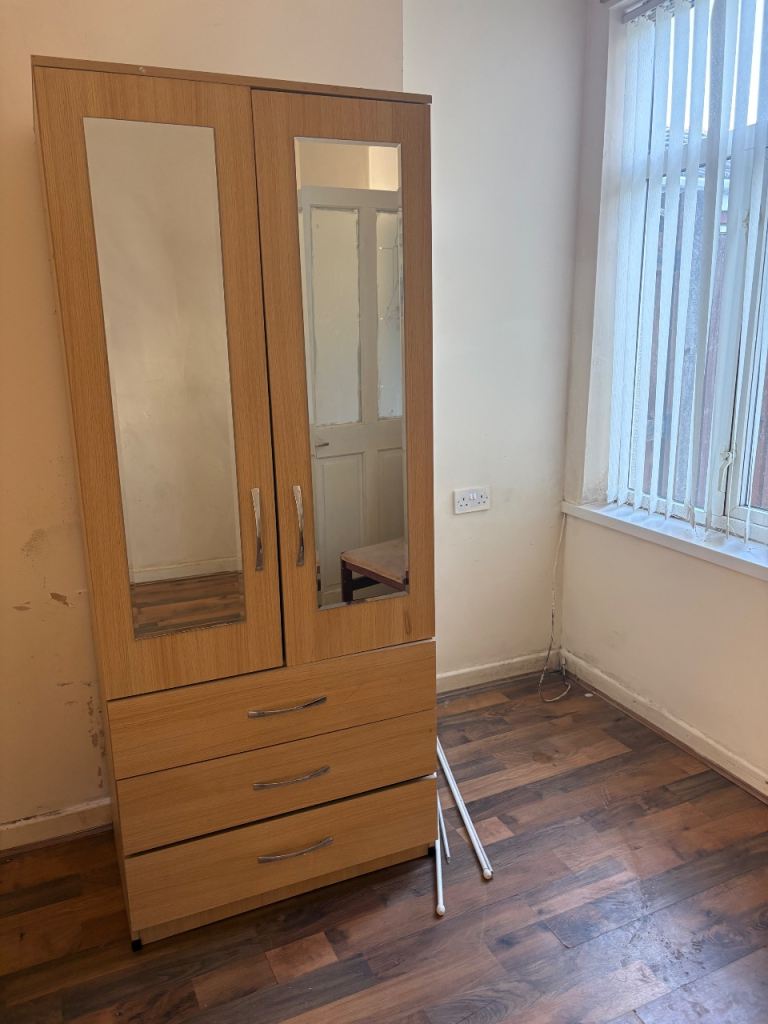 Light Beige Wood Wardrobe with Mirror Doors and Storage Drawers
