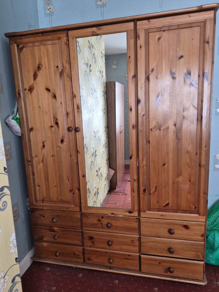 Solid Pine Triple Wardrobe with Mirror and Drawers