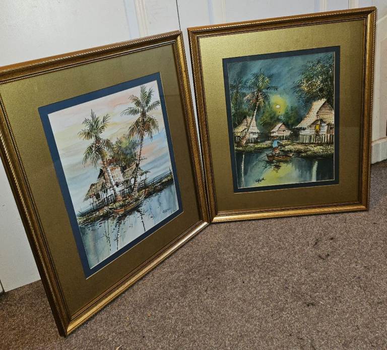 Original Watercolor Paintings of Lake Scenes by Artist Cheng Gold Frames X 2