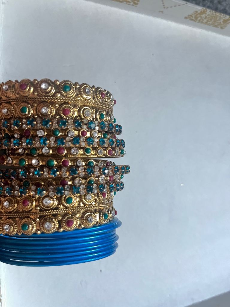 Set of Indian Gold-Tone Bangles with Red, Green & Clear Jewels