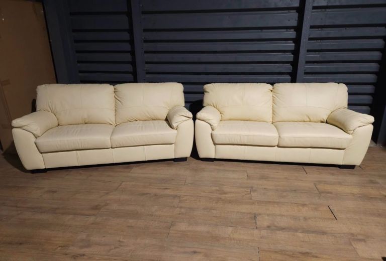 Ivory Leather 3-Seater Sofas x2