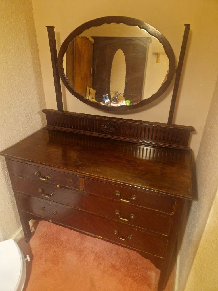 Antique Edwardian Mahogany Dressing Table Vanity - Oval Tilting Mirror