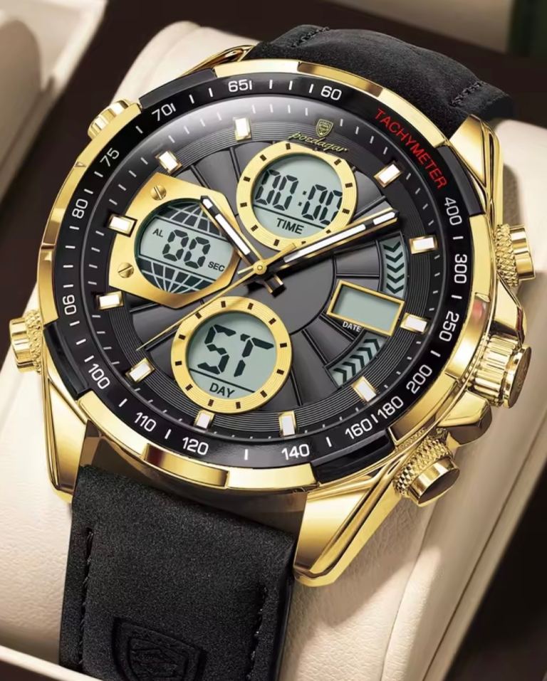Poedagar Men's Gold & Black Watch - Dual Display, Leather Strap