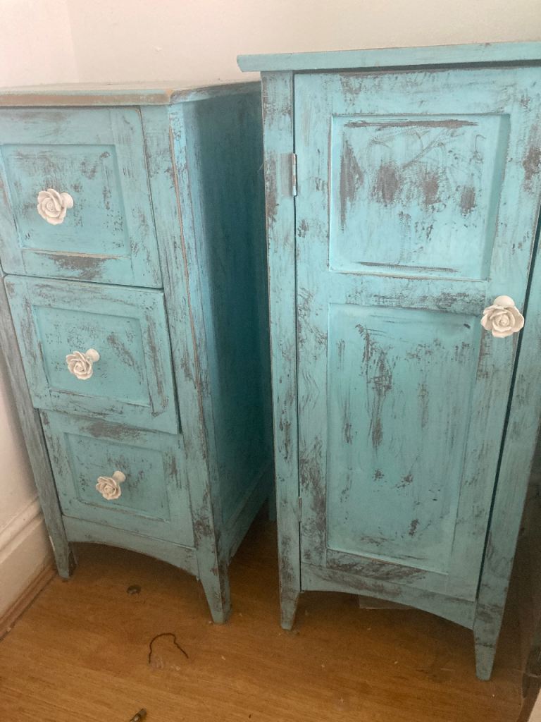 Pair of Shabby Chic Aqua Blue Chest of Drawers and Cabinet
