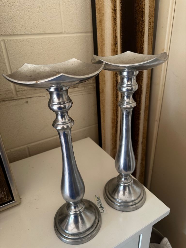 Pair of Silver Tone Metal Candle Holders - Home Decor