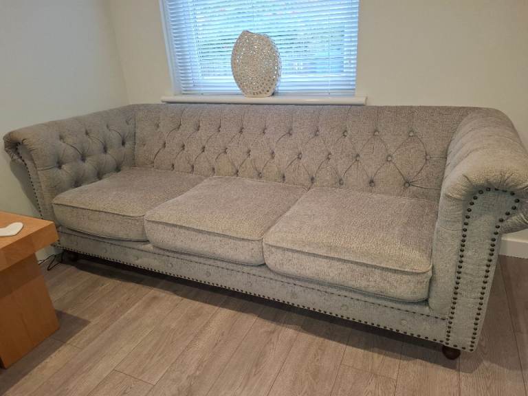 Grey Fabric Chesterfield Sofa and Two Armchairs – Good Condition