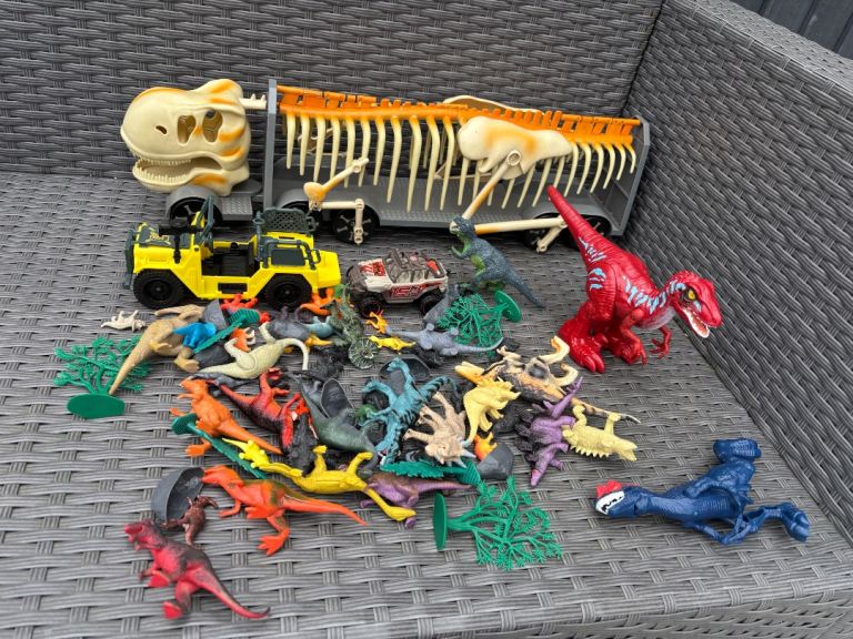 Big Bundle of Various Dinosaur Toys with Truck and Jeep