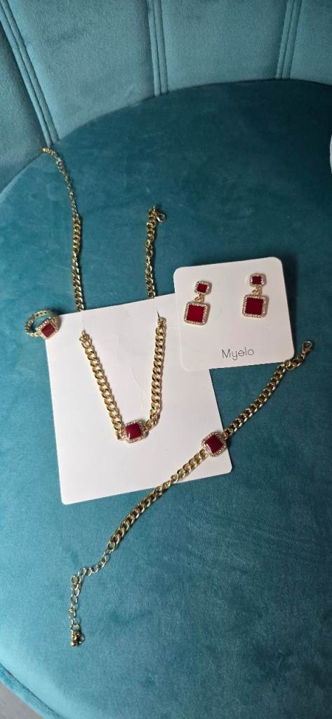 Gold Chain Jewellery 💫✨️Set with Red Stone Earrings & Necklace