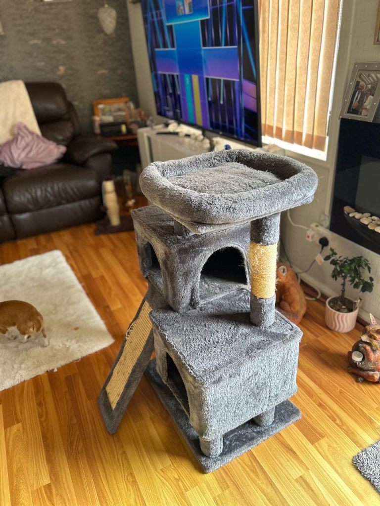 Large Grey Cat Tree with Multiple Levels and Scratching Posts