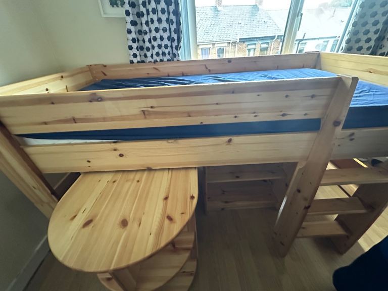 Pine mid sleeper with pull out desk and book case 