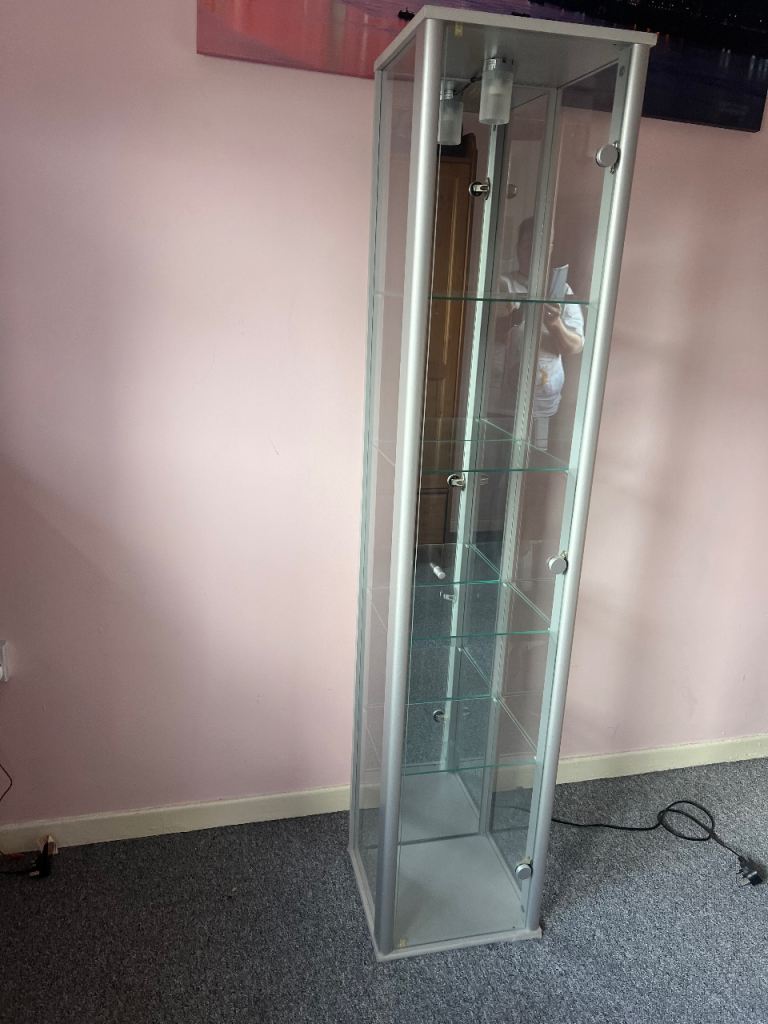 Silver Metal & Glass Display Cabinet with Lighting