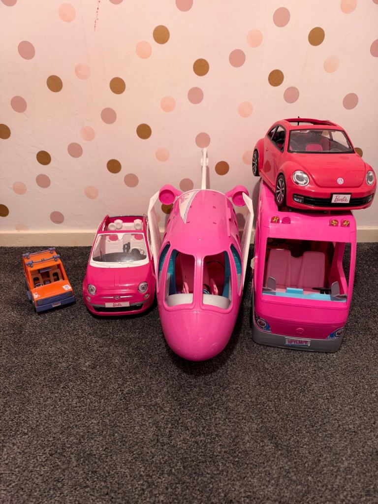 Barbie Pink Plane, Car, and Camper Van Toy Bundle
