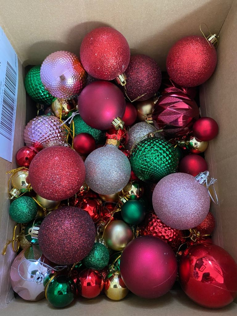 Pink flock 7ft Christmas tree with lights and box of decorations 