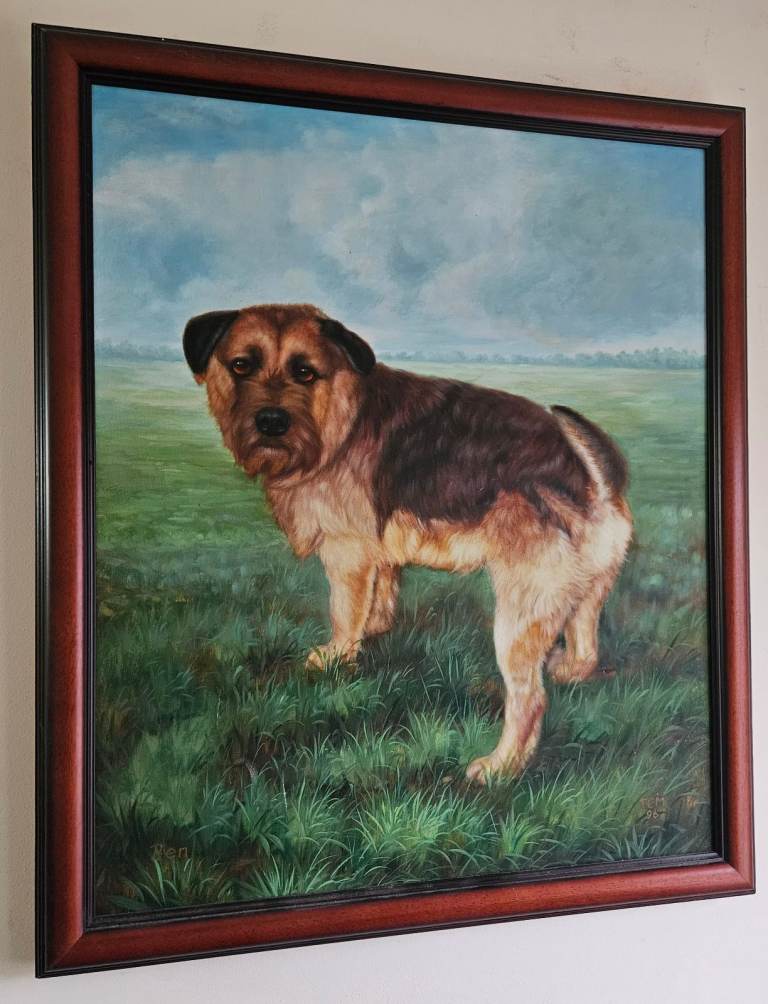Original Oil Painting Of A BORDER TERRIER on Canvas Late 20th-century 1996 