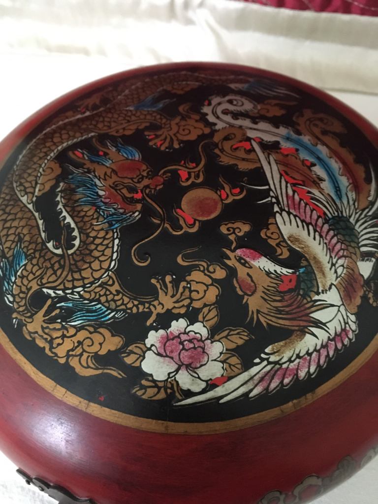 Feng Shui Chinese Dragon & Phoenix Round Wooden Storage Box Jewellery