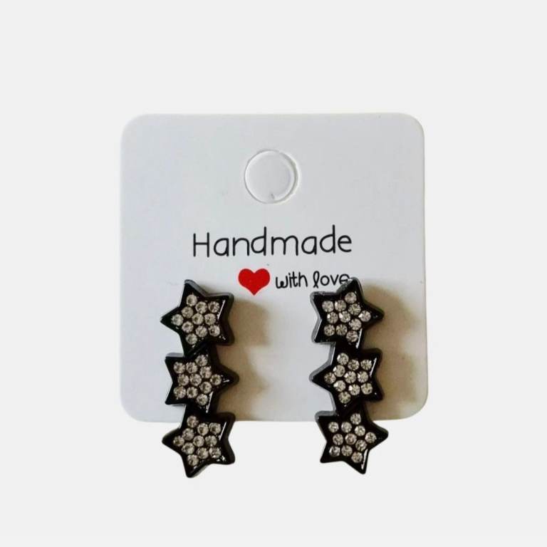 Handmade Black And Silver Rhinestone Triple Star Stud Earrings