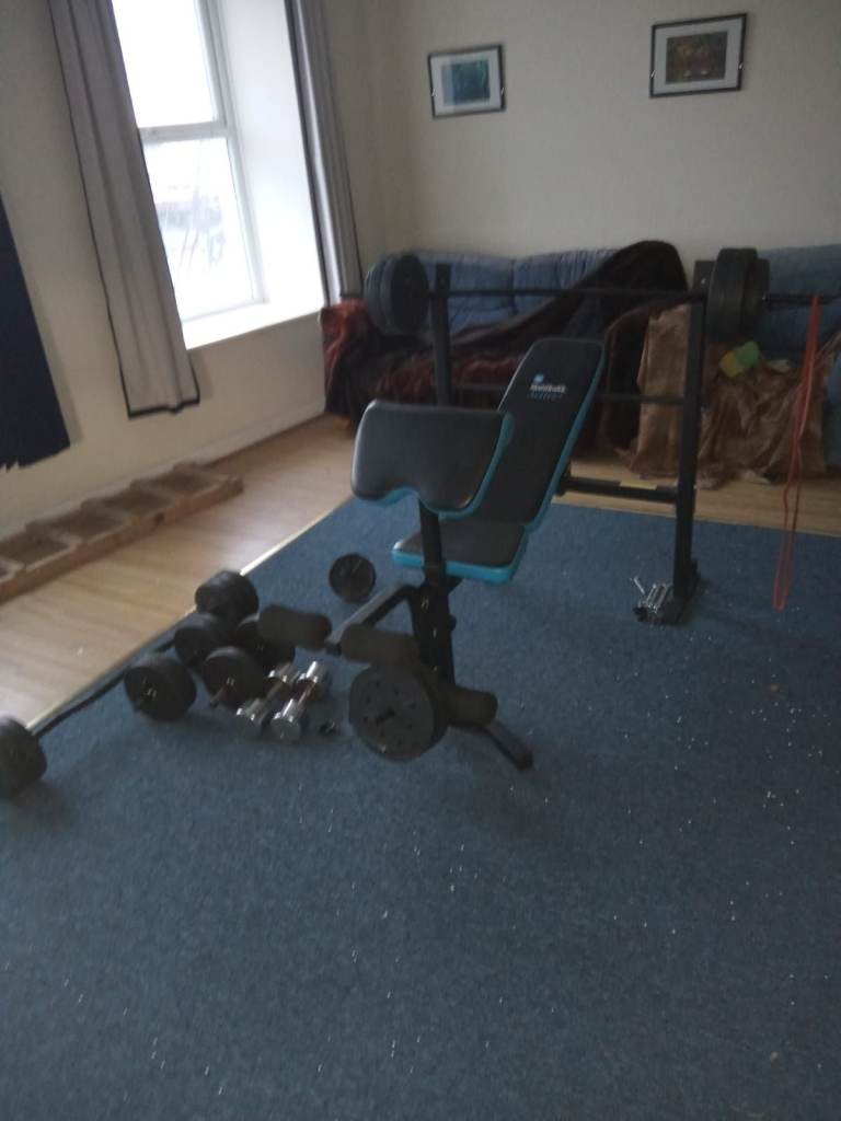 Full Gym Equipment Set for Sale – Bench, Barbell, Weights, and More!