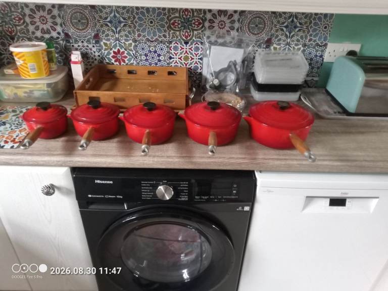 Set of 5 Red Cast Iron Le Creuset sausepans with Wooden Handles