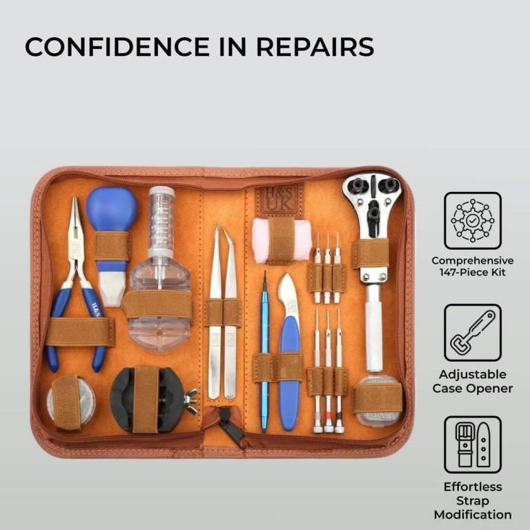 H&S 147pcs Watch Repair Tool Kit Strap Link Pin Removal Adjustment Tool Kit Back