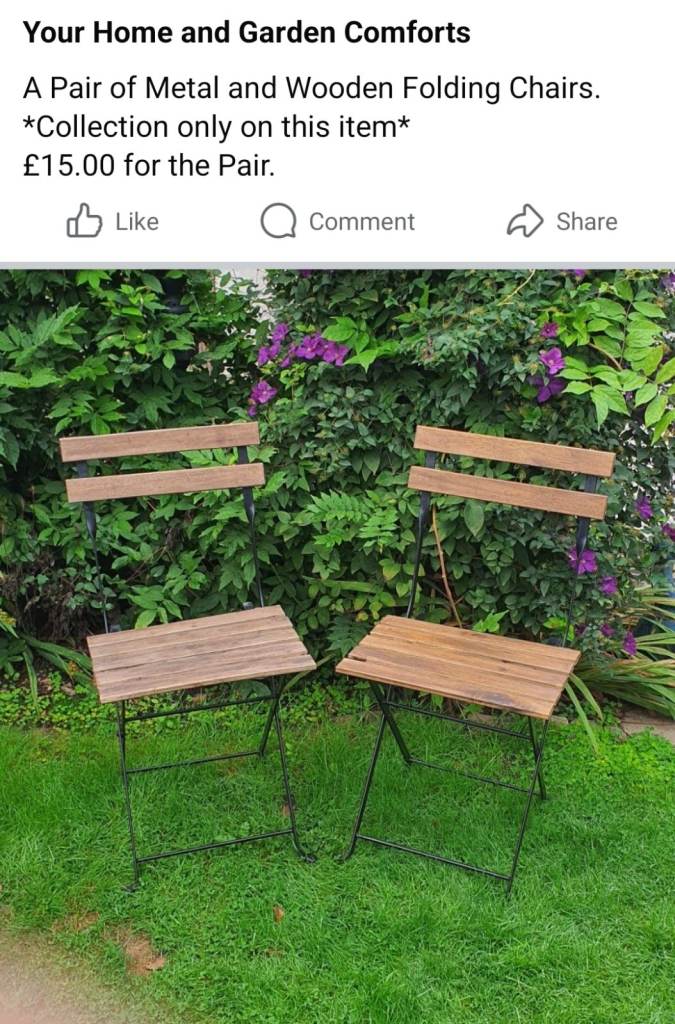 Pair of Wooden and Metal Folding Garden Chairs – Good Condition