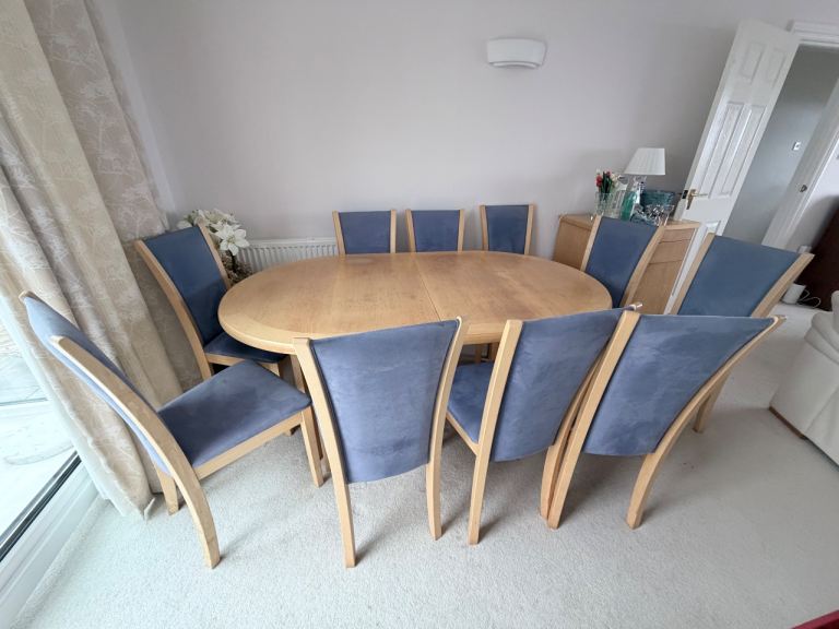 Skovby Extending Dining Table and 10 Chairs Blue Suede