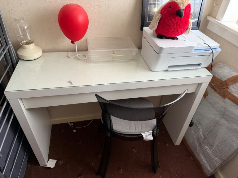 White Desk with Clear Glass Top – Good Condition