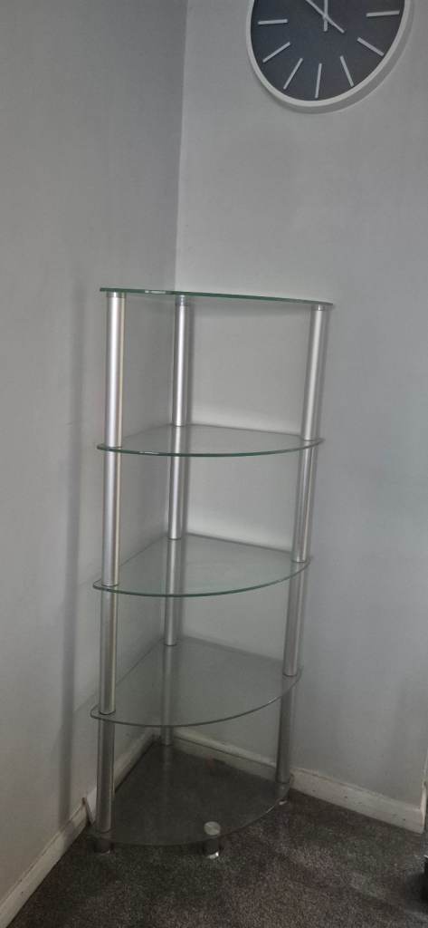 image for Glass Corner Display Shelf – 5 Tier – Silver Posts (x2)