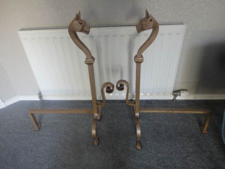 pair of antique heavy hand forged vintage ornate fire dogs , Andiron, wood burning fire 