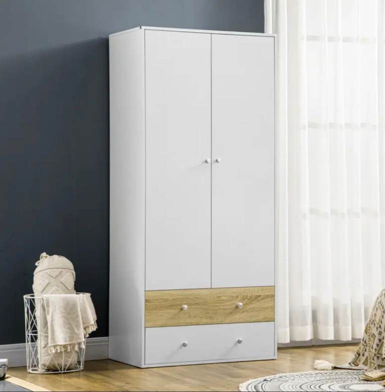 New 2 Door Wardrobe with 2 Drawers – Bedroom Closet Cupboard Storage for Clothes White 