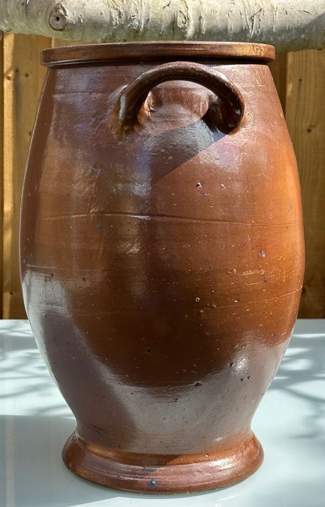 LARGE ANTIQUE FRENCH STONEWARE PLANTER URN, CONFIT JAR POT, SALTING JAR - H47cm 7.8kg - WILL POST!
