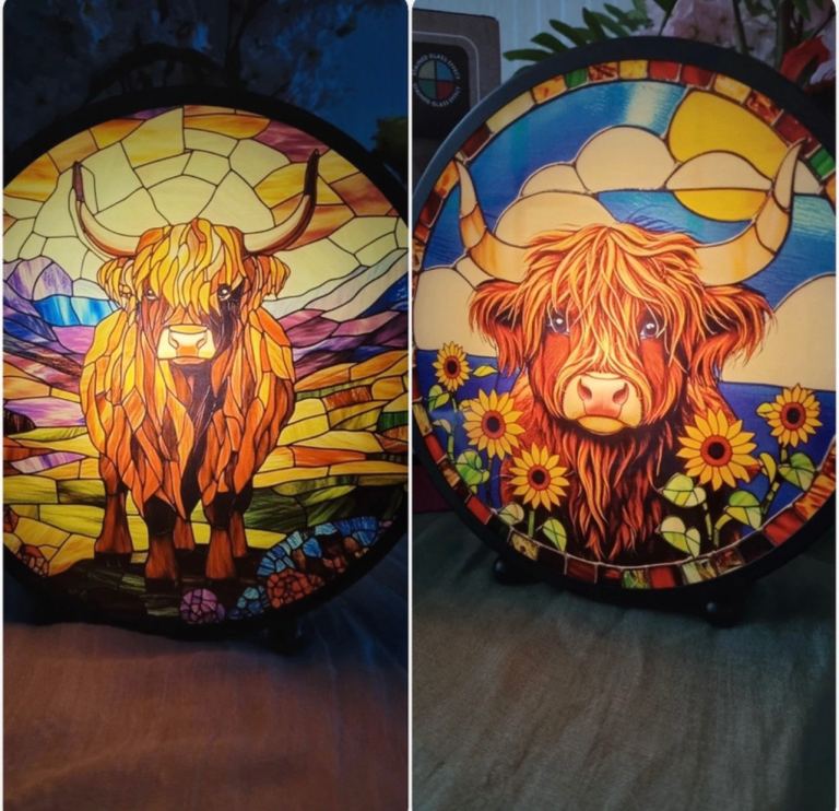 X2 Round LED Highland Cow Stained Glass Style Lights, Multicolour/Black