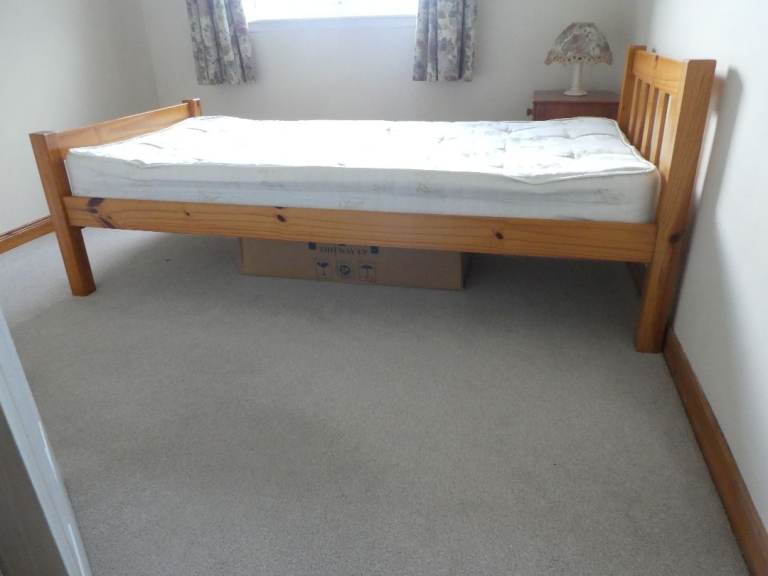 Pine single bed with mattress and mattress topper