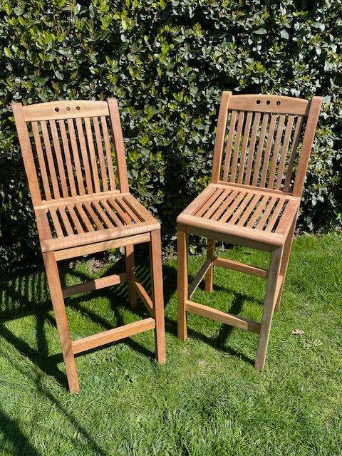 2 x Teak Garden Bar Chairs With Cushions
