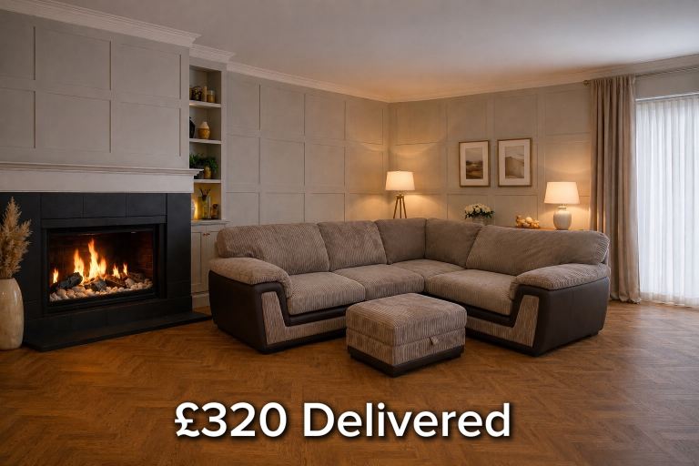DELIVERY AVAILABLE - Large DFS Brown Cord Corner Sofa with Footstool