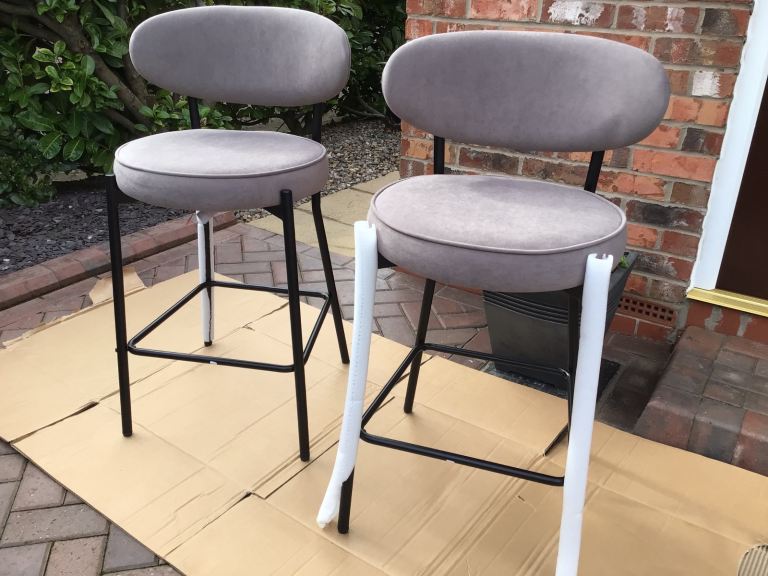 £86 (2) X  BRAND NEW DUSK. COM MIA TAUPE VELVET TALL FIXED LEG BARSTOOLS BAR STOOLS