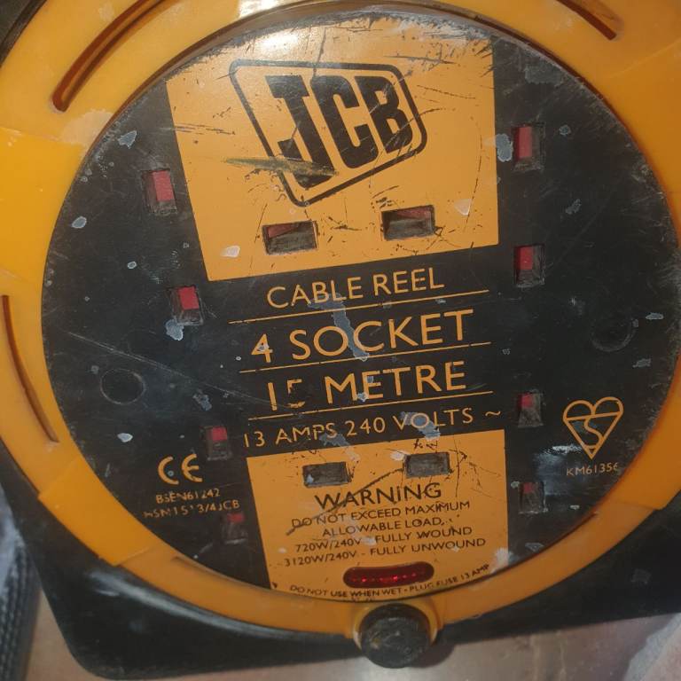 JCB 15m 4 Socket Extension Lead & Reel , Good Condition, All Working Fine, Very Useful.