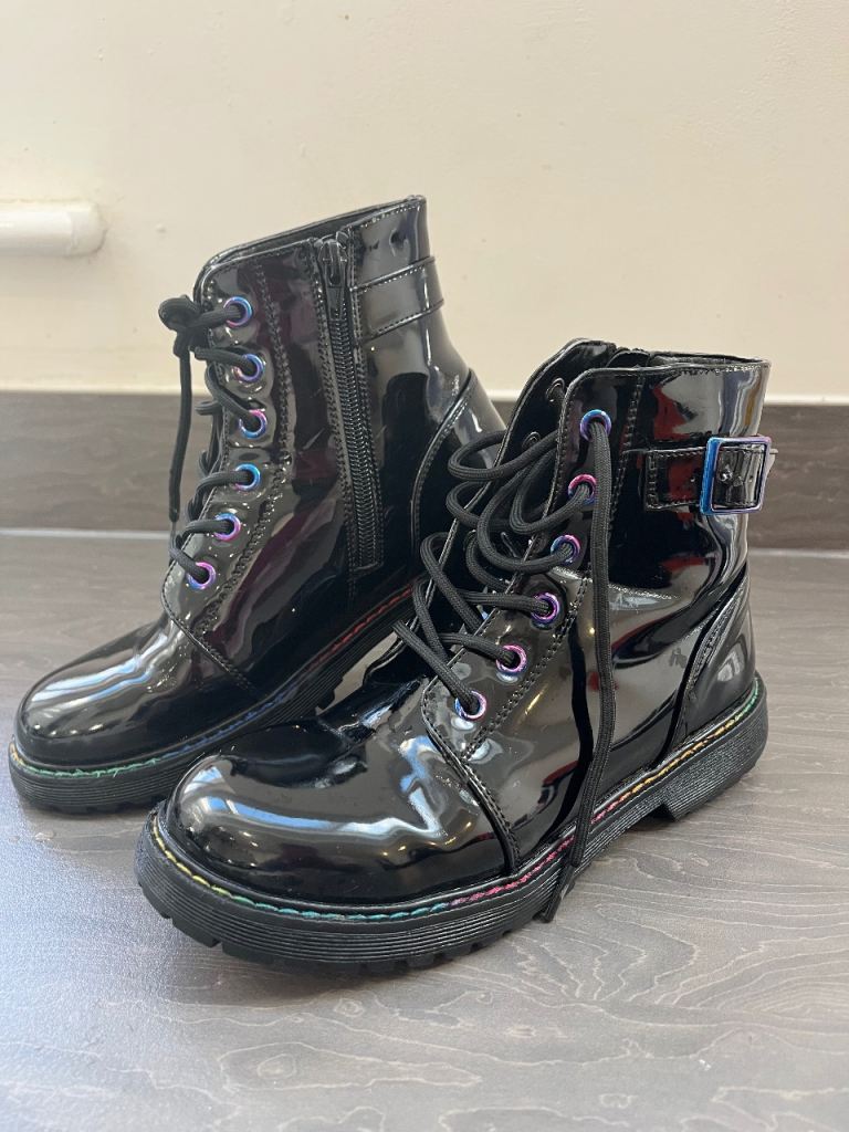 Lilley Girls Boots Black Kids Ankle Iridescent Zip Up Lace Up Patent Size 3